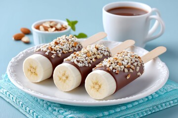 a realistic photo of frozen banana pops dipped in chocolate and nuts