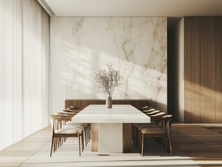 A beautifully lit dining room with a long dining table