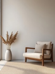 A comfortable room featuring a vase and a cozy armchair