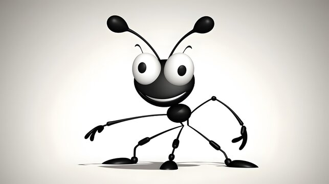 45. Cartoon ant with a happy face and marching legs, illustrated in thick black lines on a white background