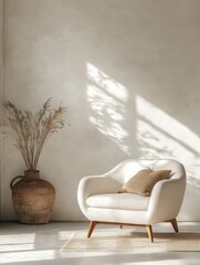 A comfortable chair surrounded by light is facing the viewer