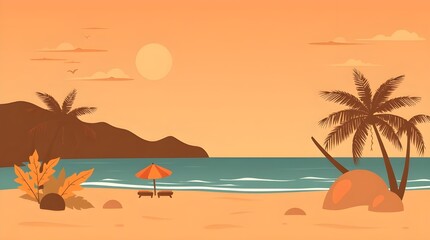 Obraz premium A serene beach scene is depicted with palm trees and a couple of lounge chairs under an umbrella, set against the backdrop of a mountain and calm ocean waves. The warm color palette suggests a sunset 