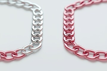 Obraz premium Silver and Pink Metallic Chains with Interlocking Links on White Background