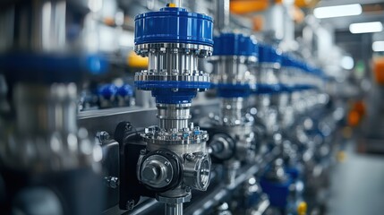 Close up of industrial valves with blue accents in a production environment