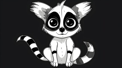 68. Cute cartoon lemur with a striped tail and wide eyes, drawn in simple black and white line art with bold outlines
