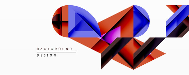 Abstract geometric composition. Vivid red, blue, purple shapes overlap creating dynamic visual effect. Modern design element for backgrounds, presentations.