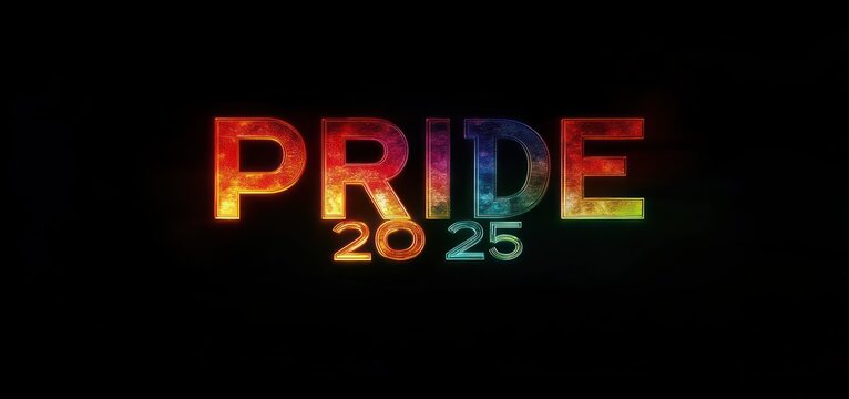 Colorful illuminated text reading pride 2025 glowing with a rainbow gradient on a dark background conveying celebration and diversity