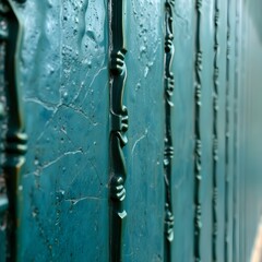 A series of vertical, dark teal rods with intricate designs create a pattern against a textured background. Cracks and subtle variations in the hue add depth and an aged appearance. 