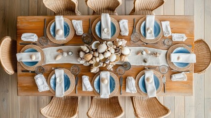 Seashell centerpiece, Easter table setting, coastal dining room, overhead view, spring holiday