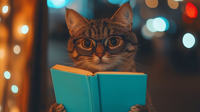 Cat in glasses holding a turquoise book and strictly looks into the camera concept of education knowledge cat with book