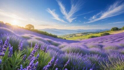 Lavender Field Blooming at Sunrise with Hills and Dramatic Cloudy Sky