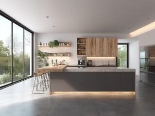 Modern kitchen interior with island and window