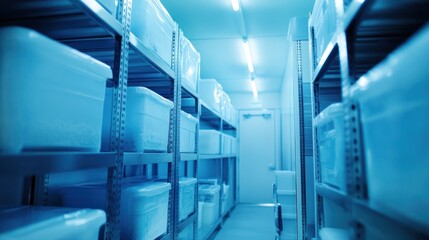 Cold storage warehouse interior, containers on shelves