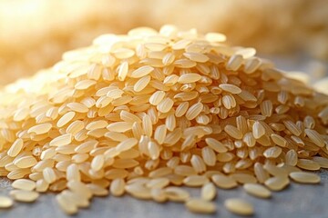 Close-up of a pile of uncooked golden rice grains on a smooth surface with soft warm lighting