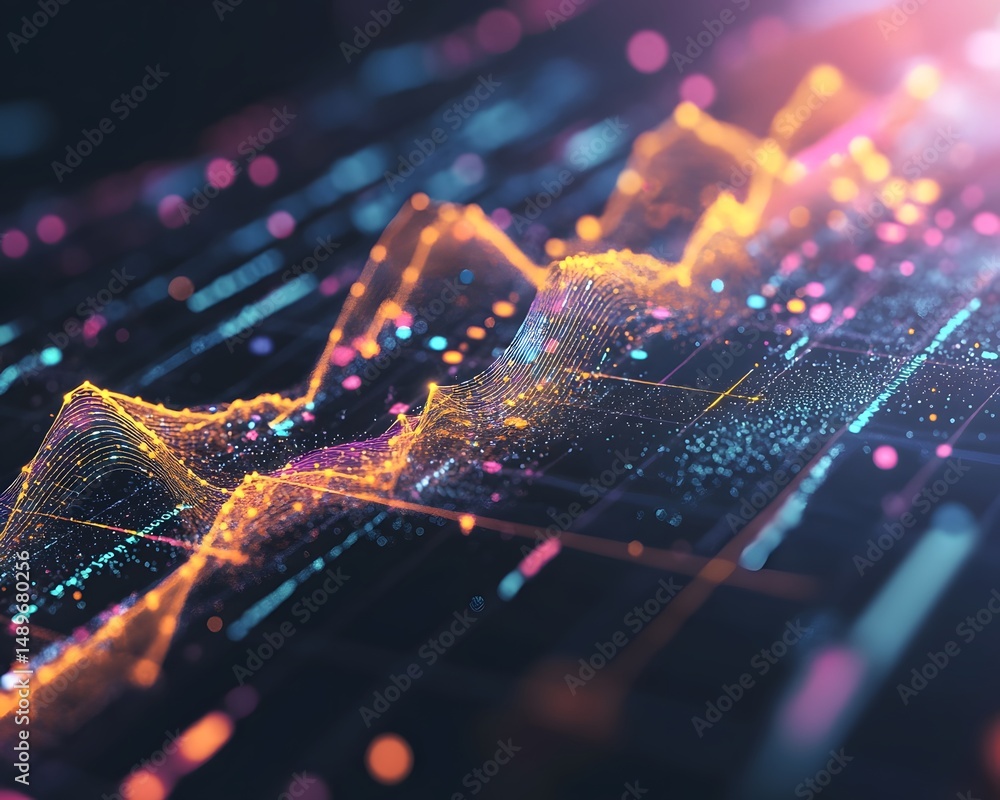 Poster an abstract representation of digital data flow, showcasing vibrant lines and points of light, symbo