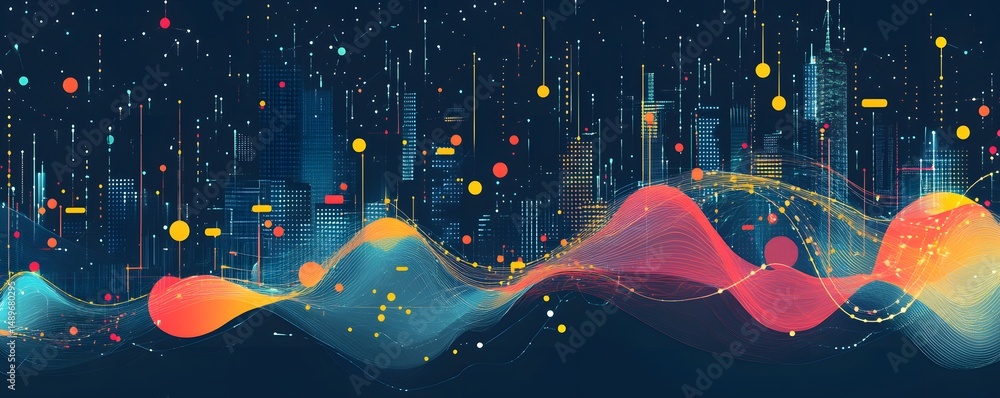 Poster an abstract representation of data visualization with waves and lights over a vibrant urban landscap