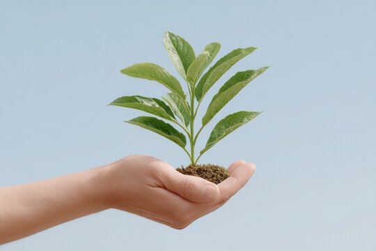 lone hand holding seedling against clear sky symbolizing hope and growth in overcoming poverty