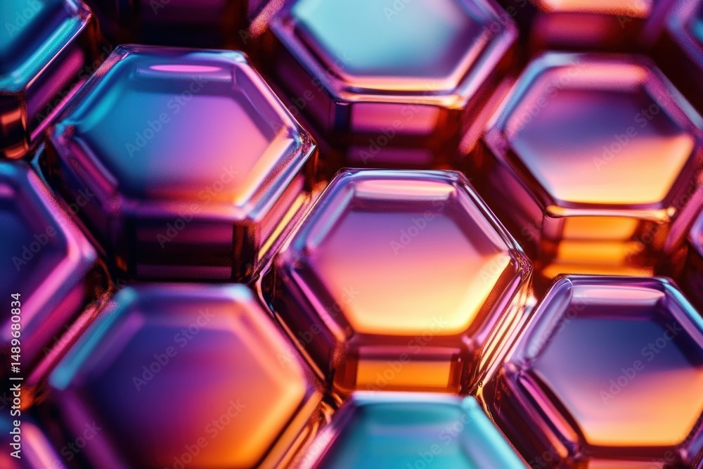 Poster close-up of translucent hexagonal glass shapes with colorful gradient lighting in blue, purple, and 