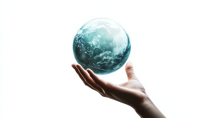 A hand holding a holographic planet, isolated on white background, futuristic visual