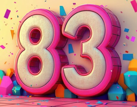 Large pink and beige 3D number eighty-three with colorful confetti and geometric shapes around, festive and vibrant scene