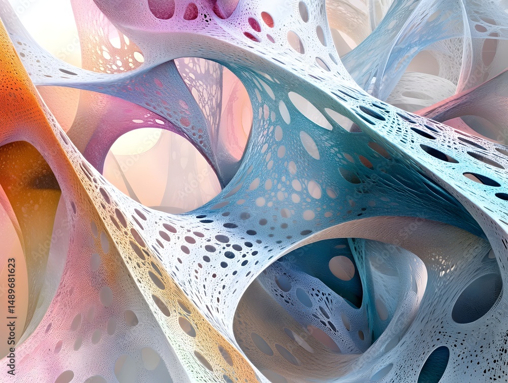 Poster an intricate abstract design featuring colorful, translucent structures with varying shapes and hole