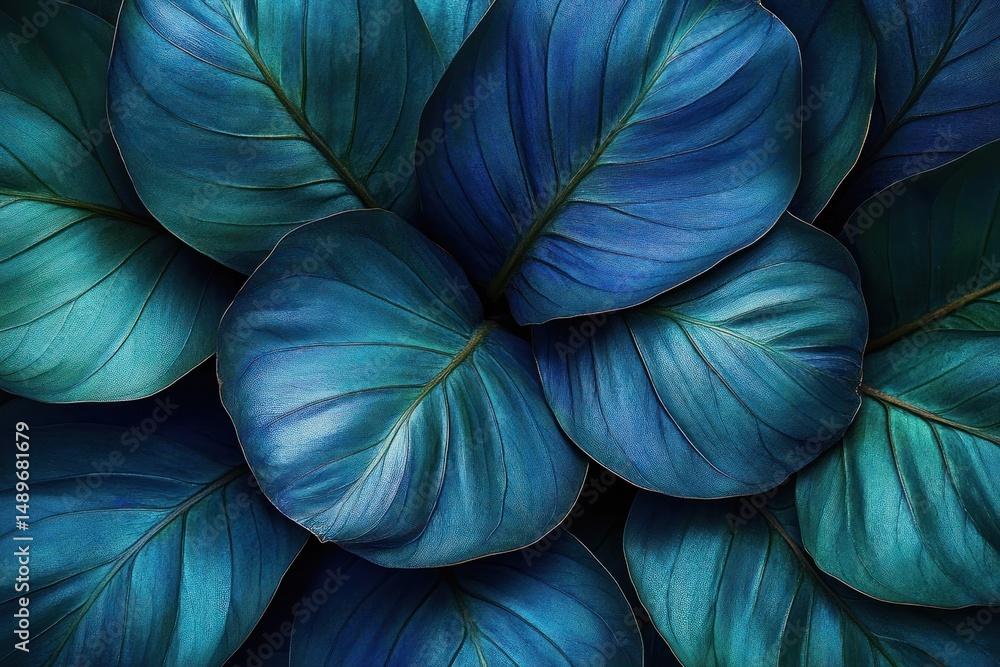 Poster close-up view of overlapping large tropical leaves with deep blue and green hues and detailed vein p