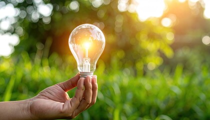 Illuminated light bulb held in a hand, bathed in nature's glow.