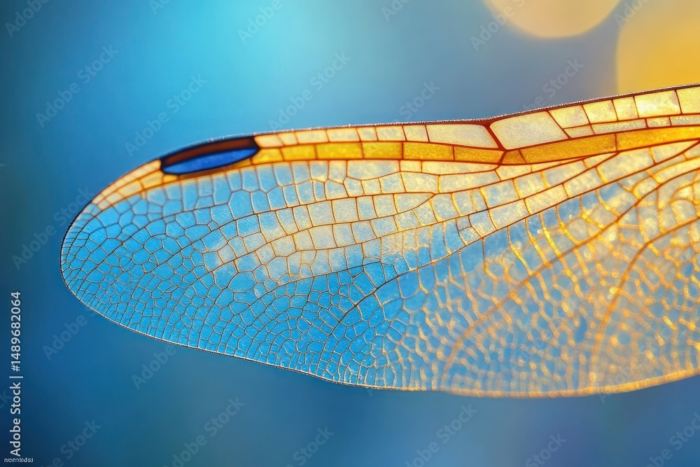 Poster close-up of a delicate dragonfly wing with golden veins against a blurred blue and yellow background