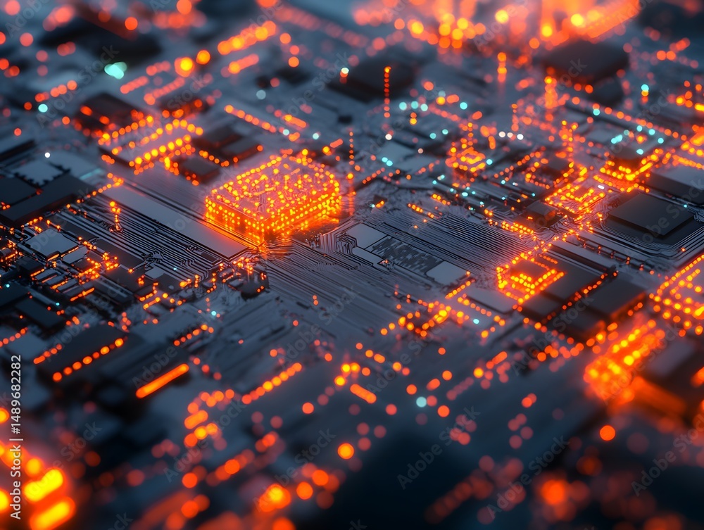 Poster close-up view of a futuristic circuit board illuminated with glowing orange lights, showcasing intri