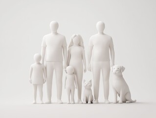 3D Model of Family with Pets in Minimalist Style on White Background