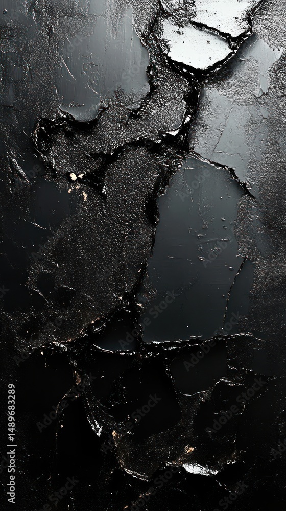 Poster close-up of black cracked and peeling textured surface with rough and smooth areas creating abstract