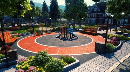 Fototapeta premium Suburban playground, children playing, houses, sunny day, landscaping, family fun