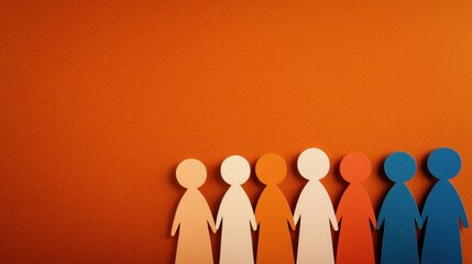 Multicolored Paper Figures on Burnt Orange Background Representing