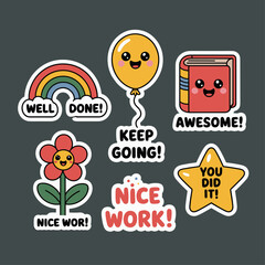 Cute motivational cartoon stickers with balloon, book, star, rainbow and positive quotes for kids, school, education and encouragement materials