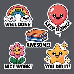 Cute motivational cartoon stickers with balloon, book, star, rainbow and positive quotes for kids, school, education and encouragement materials