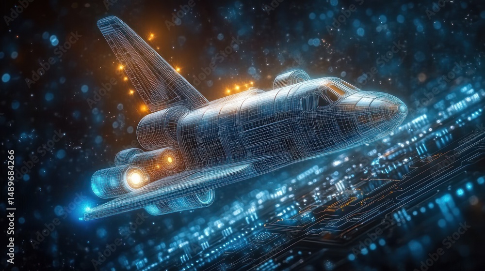 Poster digital wireframe model of a space shuttle flying over a glowing circuit board with blue and orange 
