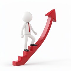 Business Growth Concept with 3D Character Climbing Stairs Upwards