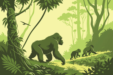 Obraz premium 37 a pack of gorillas in a lush, tropical rainforest, dense foliage, detailed realistic, cinematic lighting, national geographic, high quality, 8k