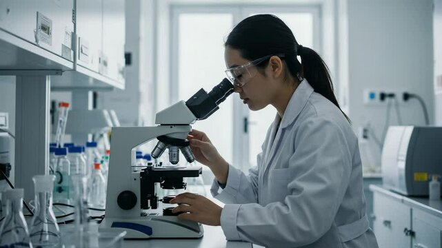 Focused Female Scientist in Lab Coat Analyzing Samples with Microscope in a Modern Laboratory Environment