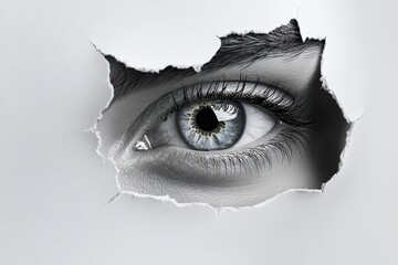 Close-up of a detailed blue eye peering through a torn white paper with visible eyelashes and skin texture evoking curiosity and intrigue
