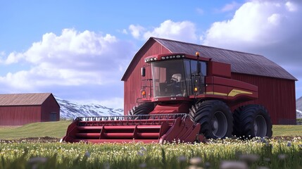 Fototapeta premium Red combine harvester parked near barns, mountains background; agriculture
