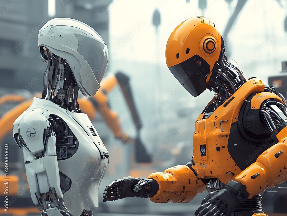 Poster futuristic robots interact in a high-tech environment, showcasing advanced ai and robotics. the scen