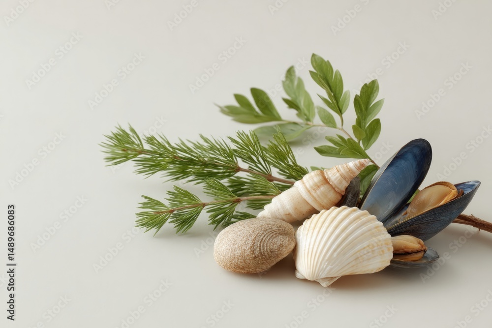 Poster minimalistic display of assorted seafood elegantly arranged on plain white background