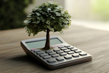 a concept image of money tree growing from a calculator