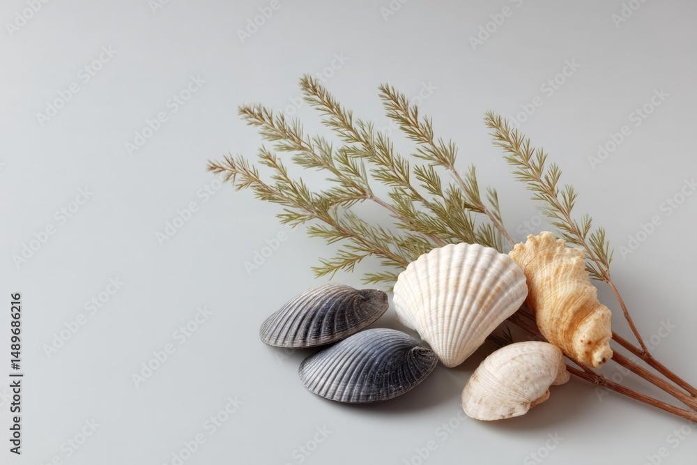 Poster minimalistic display of assorted seafood elegantly arranged on plain white background