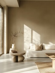 Minimalist living room showcasing a neutral palette with simple furnishings and sunlight