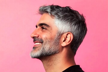 Obraz premium Concept art of style for aging men. Modish men's textured crop haircut - midlife middle eastern man with middle hair. Pink solid background. A poised man displaying elegance and charm.