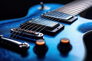 Close-up of an electric guitar with a shiny blue body, visible strings, pickups, and blurred control knobs evoking a mood of creativity and musical passion