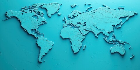 Detailed Relief World Map in Turquoise Color with Textured Background