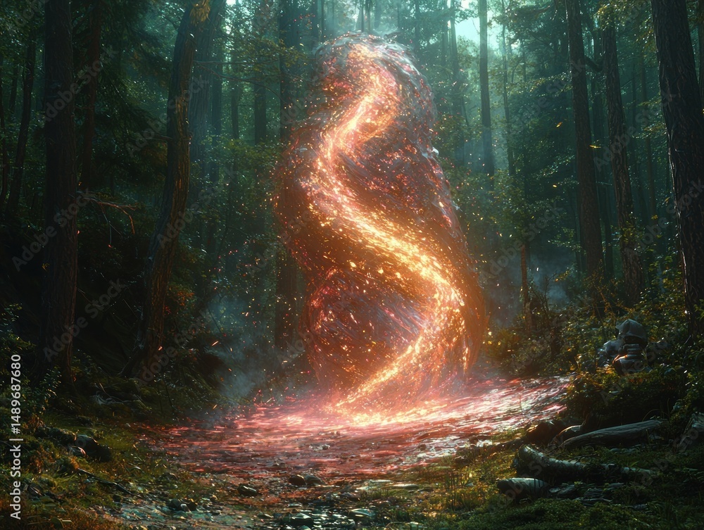 Poster glowing energy swirls within a stone in a mystical forest. sparkles and embers illuminate the path
